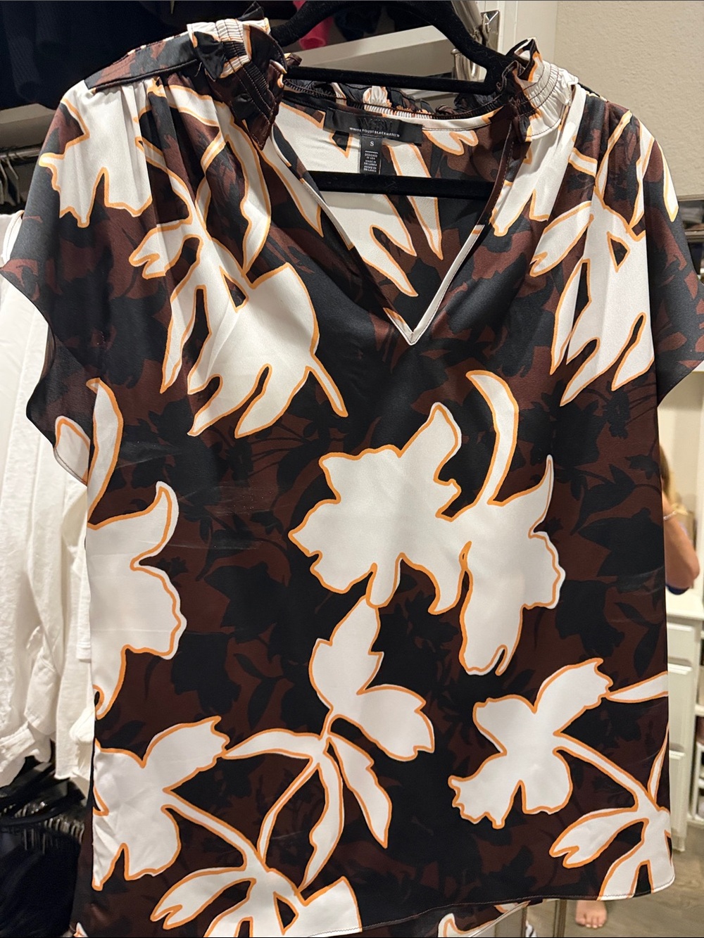 White House Black Market Black, White & Brown Floral V-Neck Blouse